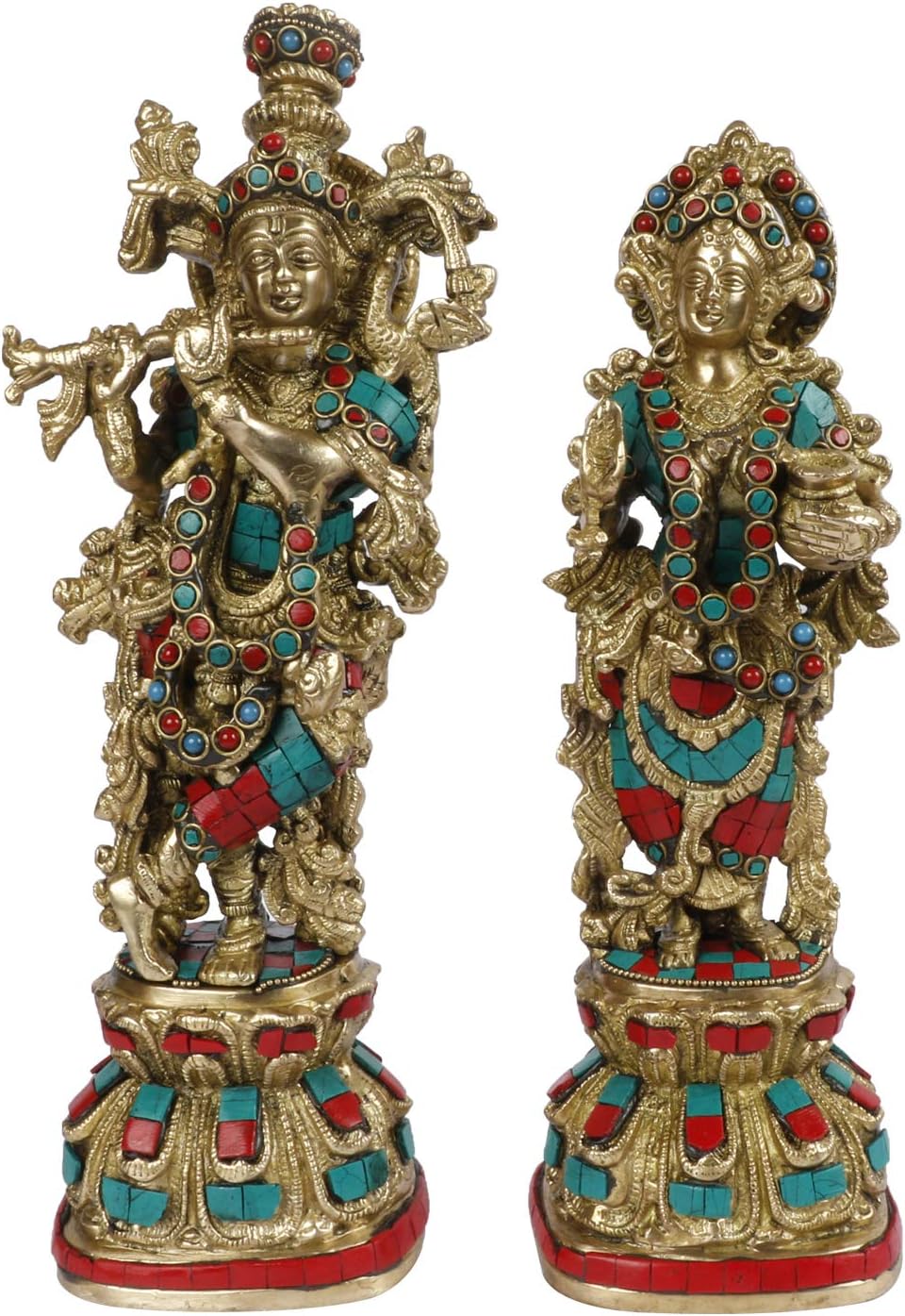 Brass Radha Krishna Bhagwan Murti Kishan Kanhaiya with Flute for Home Office Decor Temple Mandir Decoration Multi Color Stone Chips Height 12 Inch HomeAdri-29-7-78 Multicolor