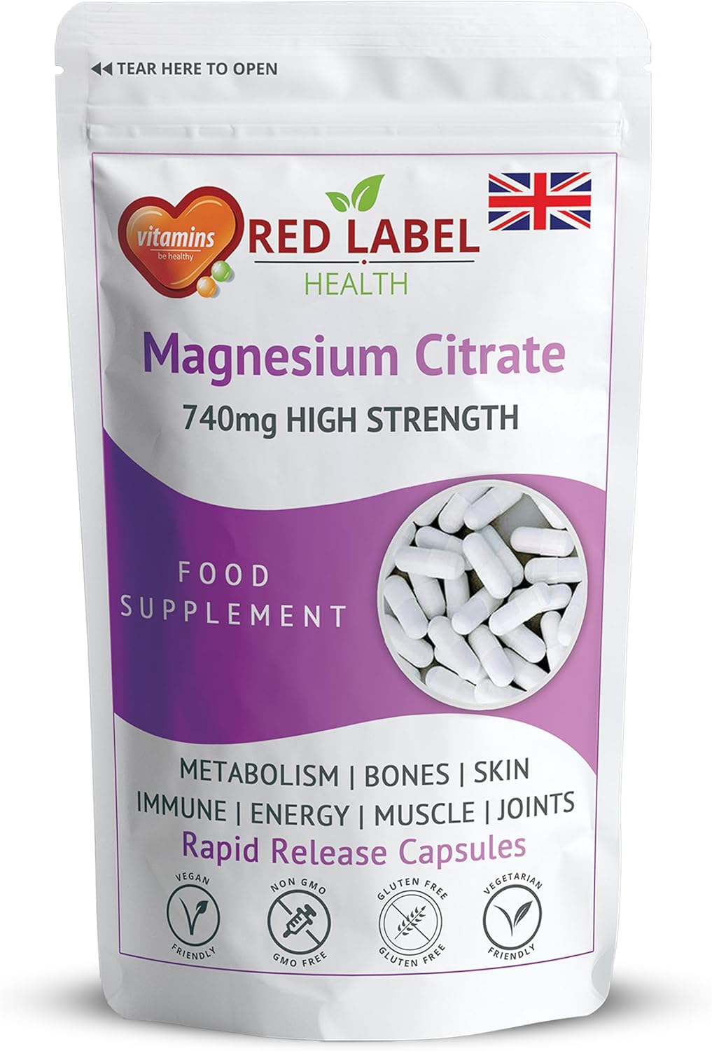 Red Label Health Magnesium Citrate 120 Capsules 740mg Provides 200mg Elemental Magnesium Highly Absorbable Bone, Muscle, Energy Support One a Day Vegan Capsules
