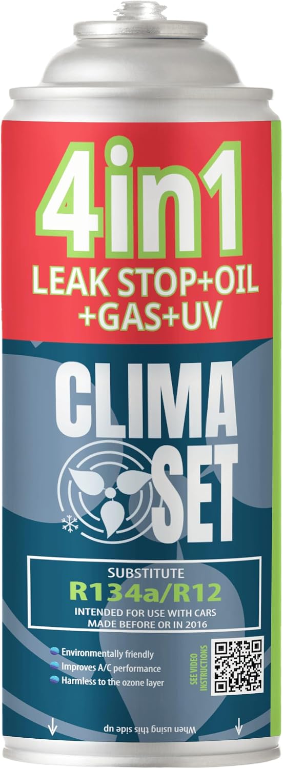 CLIMASET - Full KIT AC R134a 4in1, Gas Replacement, For cars 1994-2016 - Air conditioning solution, Standalone application - Complete set - Sealant, UV Colorant, Refrigerant