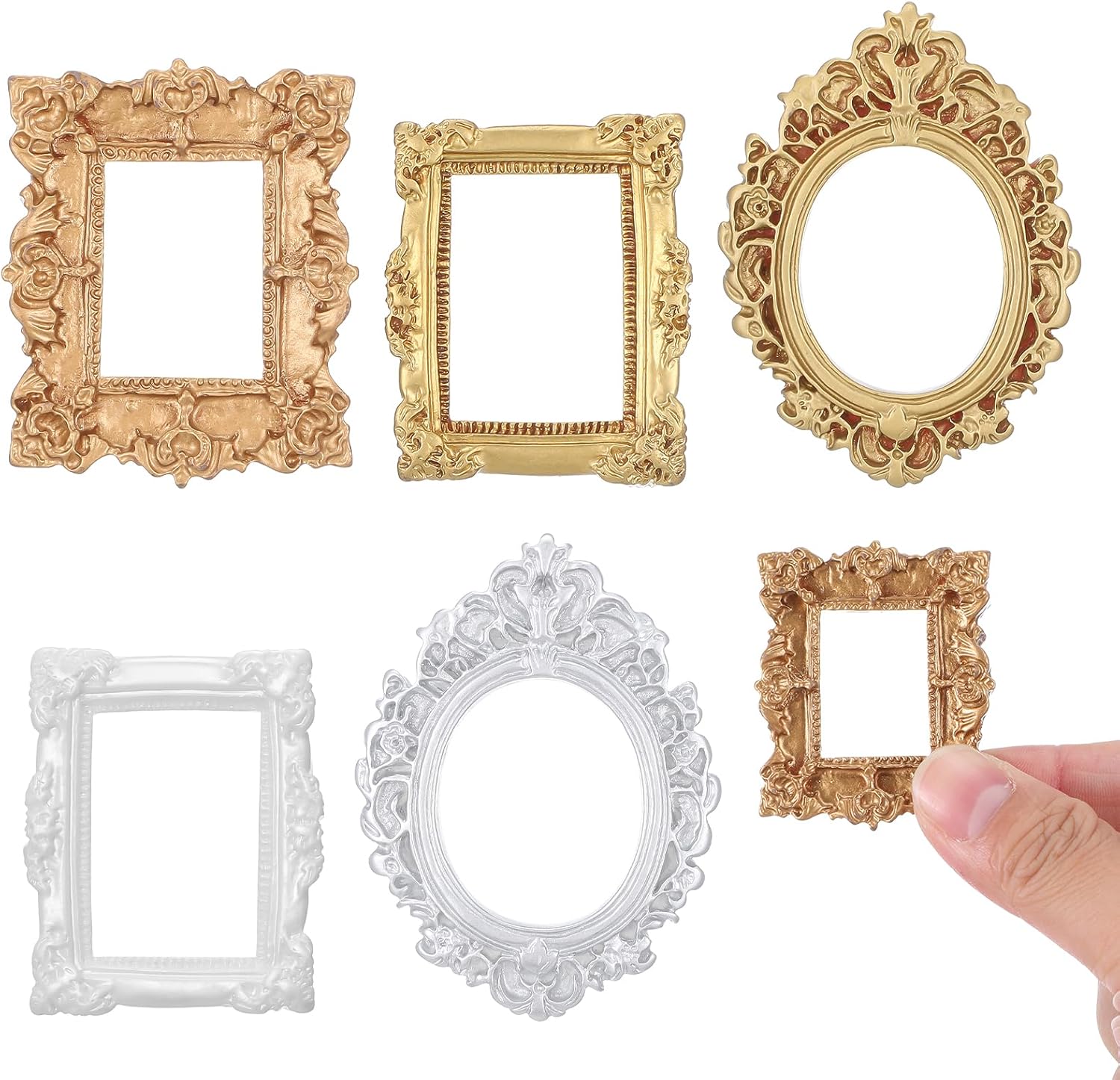 Heclia 5 Pcs Dollhouse Picture Frames Mini Vintage Photo Frame Sturdy Miniature Props with Elegant Carved Edges Golden Wall Hanging Desktop Jewelry Display Frame Miniatures Furniture Props for Mirror