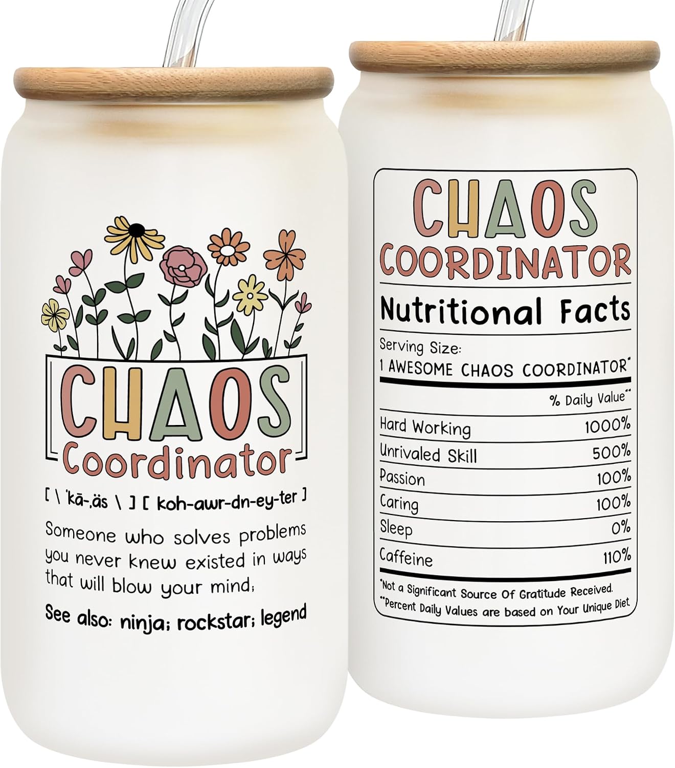Thank You Gifts for Women, Boss Lady, Coworker, Manager, Office, Teacher, Nurse, Mom, Friends - Chaos Coordinator Gifts - Birthday Coffee Cup for Women - 16 Oz Frosted 2-sided Can Glass
