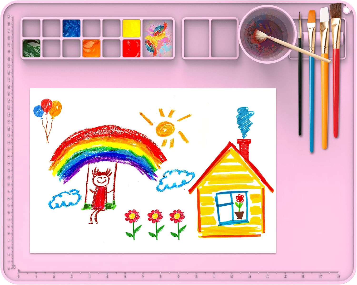 IYYI Silicone Painting Mat, Paint Mat with Cup and Palette, 20"X16" Siliocne Pad for Crafts, Resin, Clay, Kids Art Pad with Raised Edge (Pink)