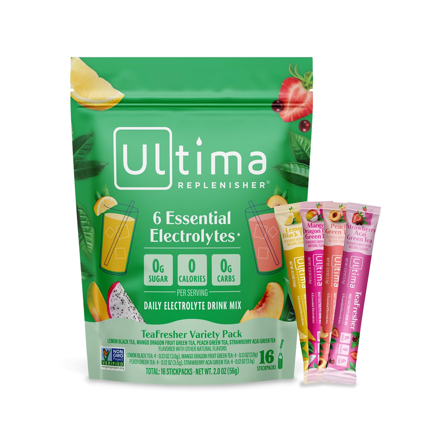 Ultima Replenisher TeaFresher Daily Electrolytes Powder and Instant Tea Mix – Sugar Free – Variety Pack, 16 Stickpacks - Hydration Packets with 4 Fruit and Tea Fusions, 6 Key Electrolytes