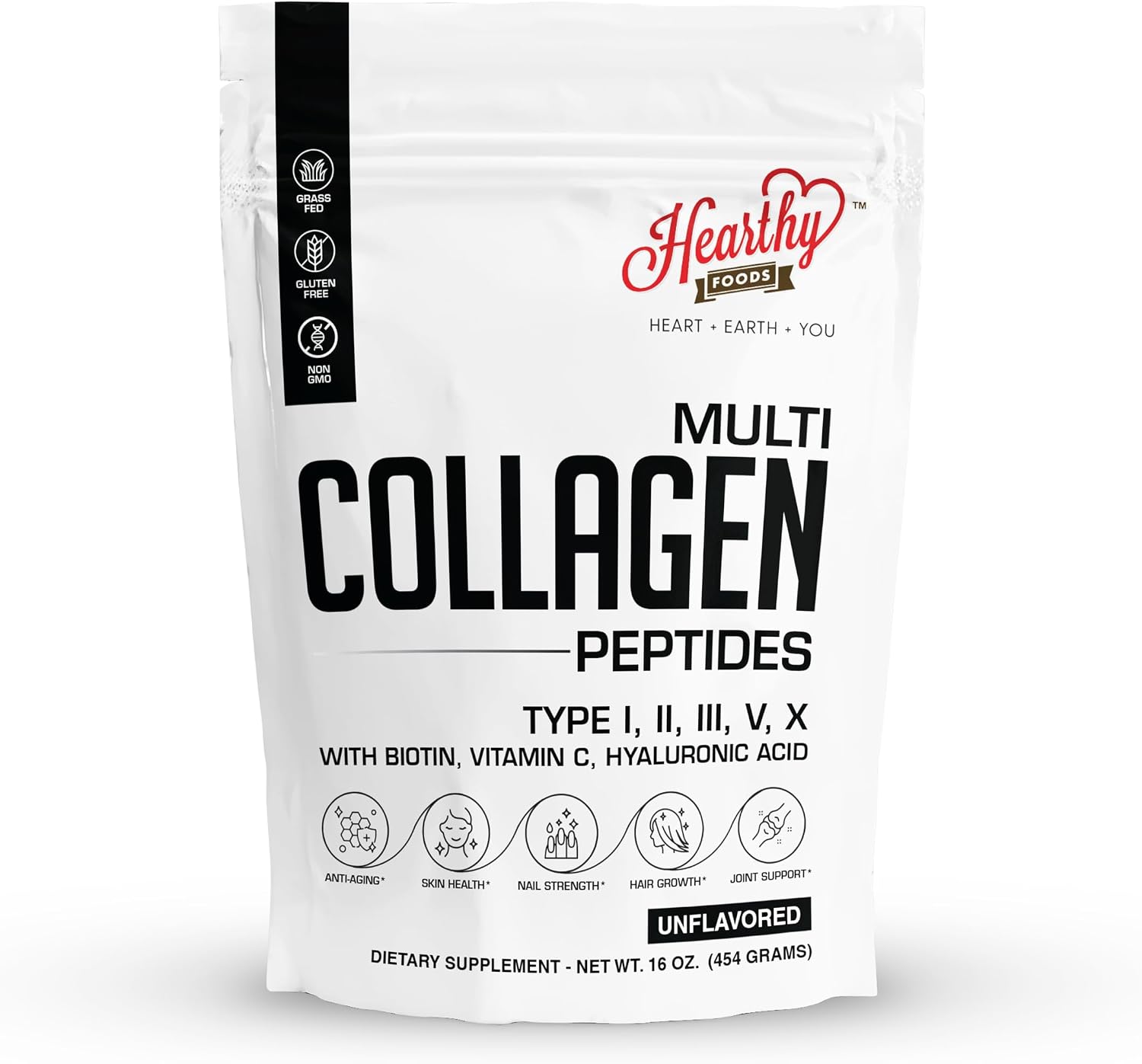Multi Collagen Protein Powder 16oz - 45 Servings | 5 Types I, II, III, V, X | Grass-Fed, Halal, Kosher | with Biotin, Hyaluronic Acid & Vitamin C | | Unflavored