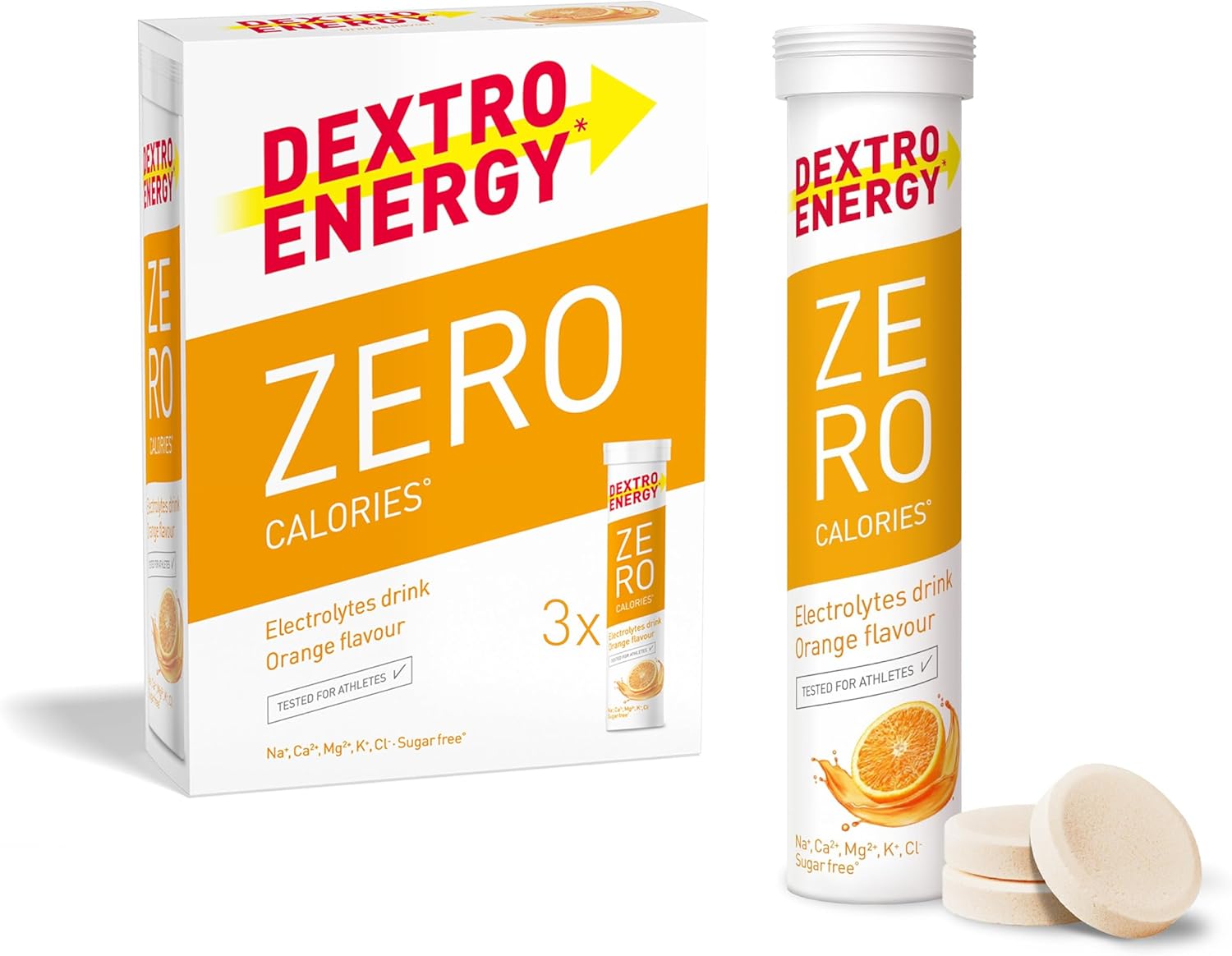 Dextro Energy Zero Calories I Recovery and Hydration Electrolyte Drink I Zero Effervescent Tablets I Orange | 3 Tubes, 60 Tablets |