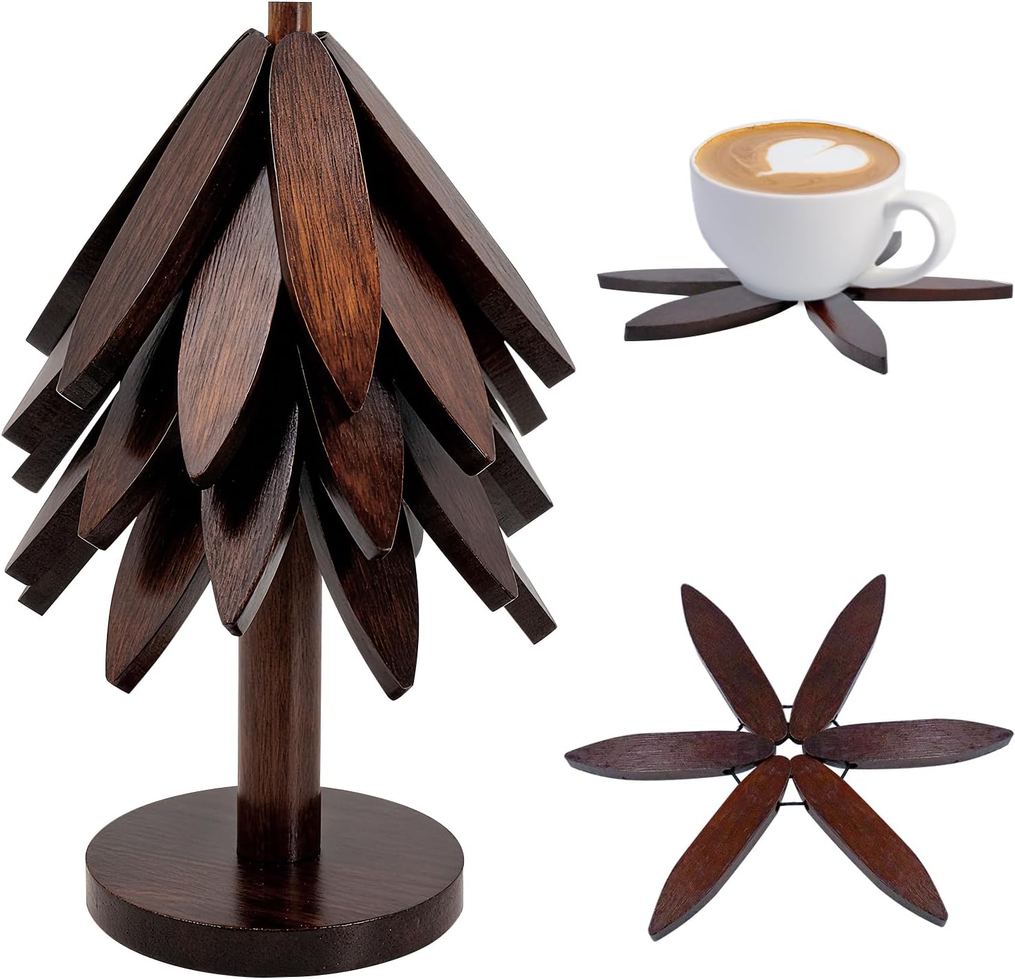 Christmas Tree Trivet Set - Wooden Heat Resistant Stand for Hot Pots, Pans & Dishes, Holiday Kitchen Decor & Practical Pot Holder (5-Piece, Brown)