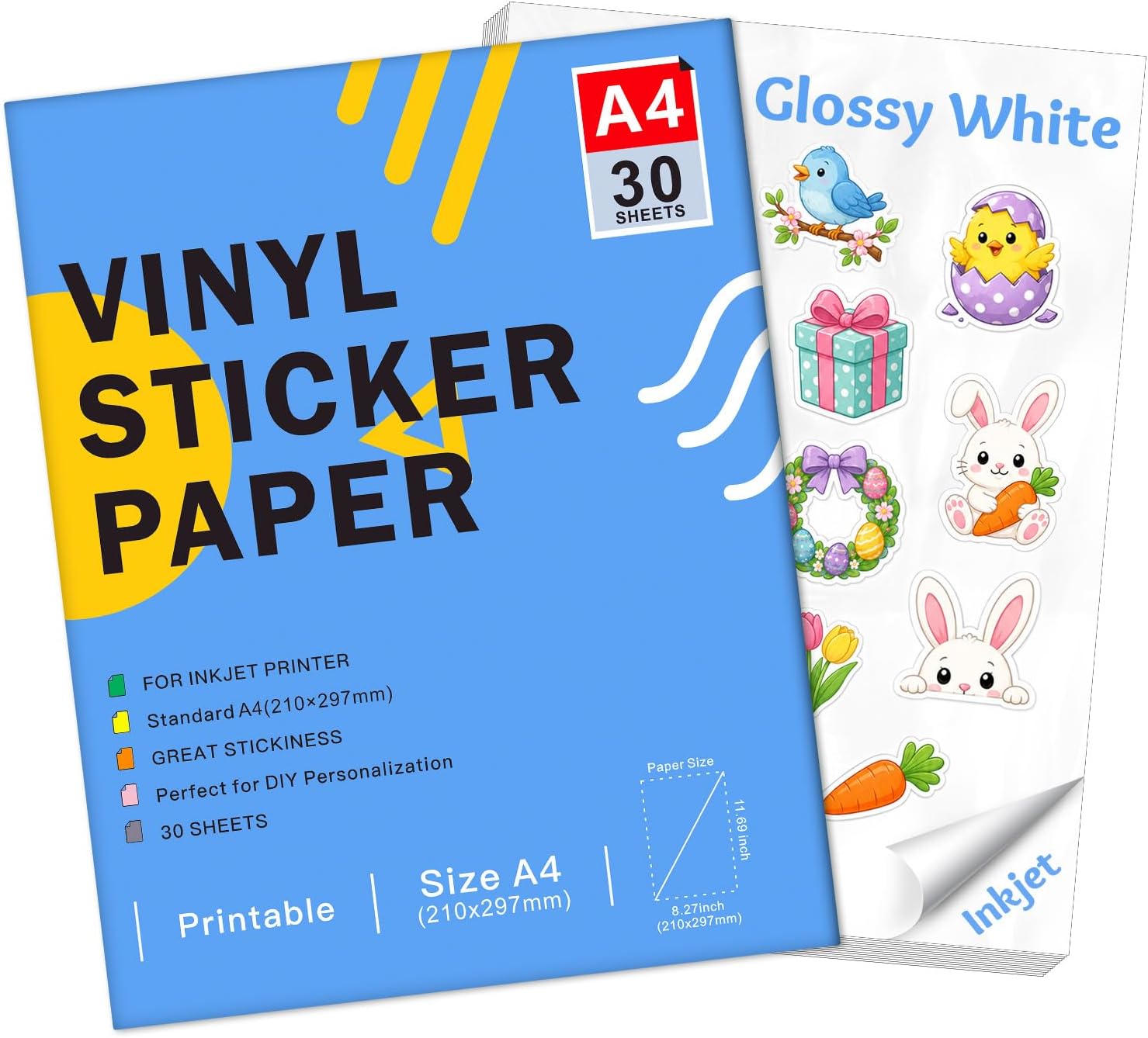 Ruibytree Printable Glossy Vinyl Sticker Paper A4 for Inkjet, 30 Sheets