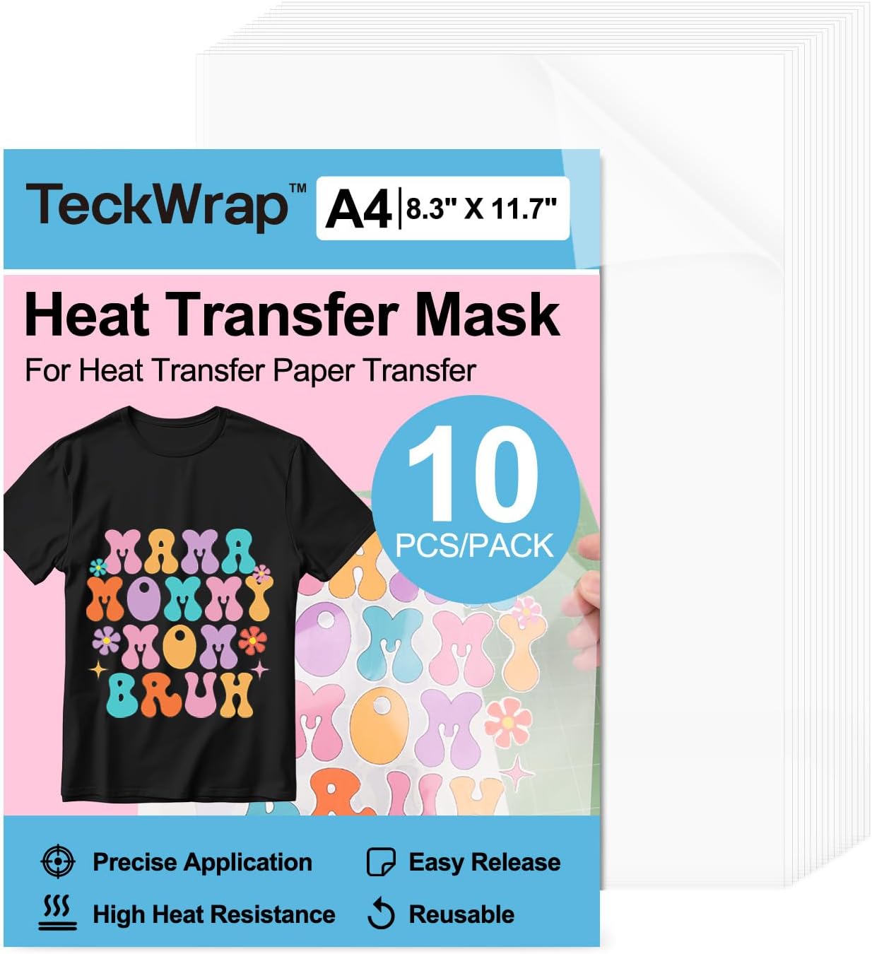 TECKWRAP Heat Transfer Mask for Heat Transfer Paper for T-Shirts 10PCS, A4 (210X297mm) Masking Film Clear Iron on Transfer Tape for HTV Printable Heat Transfer Vinyl, Heat Transfer Mask Sheets