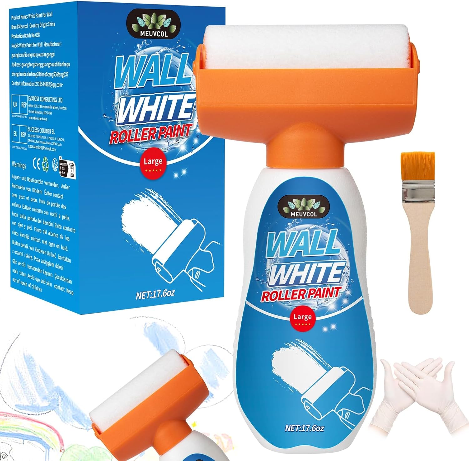White Paint for Wall, 17.6 Floz Wall Touch Up Paint Ready-to-Use With Roller, Eco-Safe White Touch Up Kit For Walls & Ceilings | Covers Stains, Scratches, Graffiti & Scuffs | Interior & Exterior