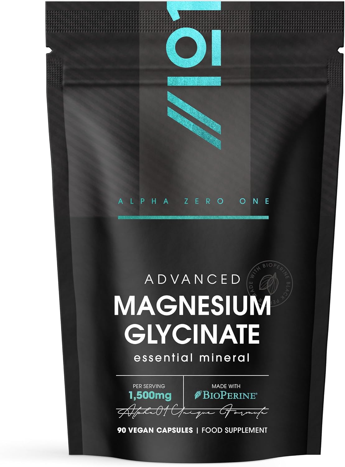 Magnesium Glycinate 1500mg with BioPerine® – Supports The Nervous System - Reduces Tiredness and Fatigue - 90 Vegan Capsules (45 Days Supply) - Resealable and Recyclable Pouch - by Alpha01