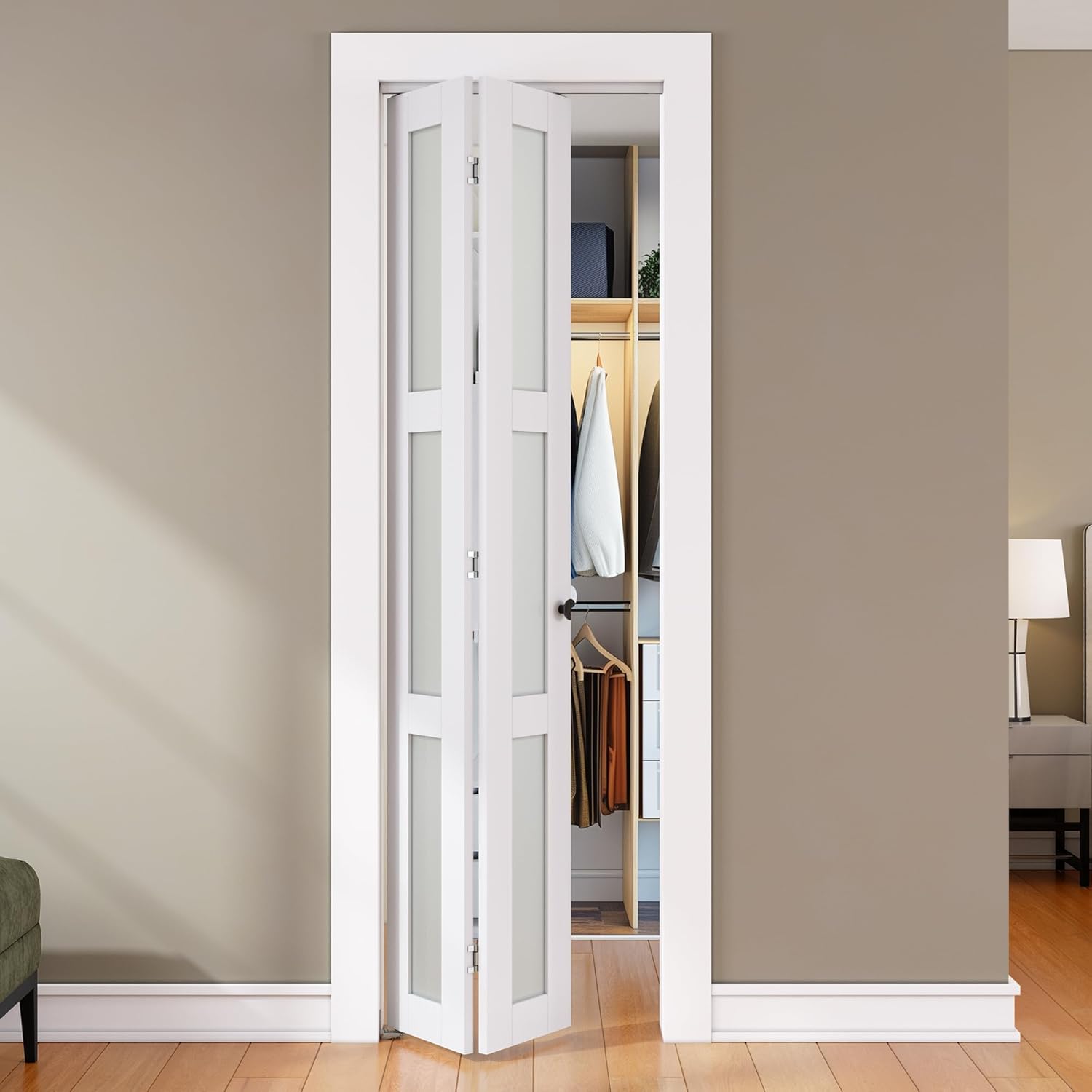 SMARTSTANDARD Bifold Door, for 24"x 80" Opening,Tempered Frosted Glass Closet Folding Barn Door with Hardware Kit, Water-Proof PVC Surface,Easy Install,White