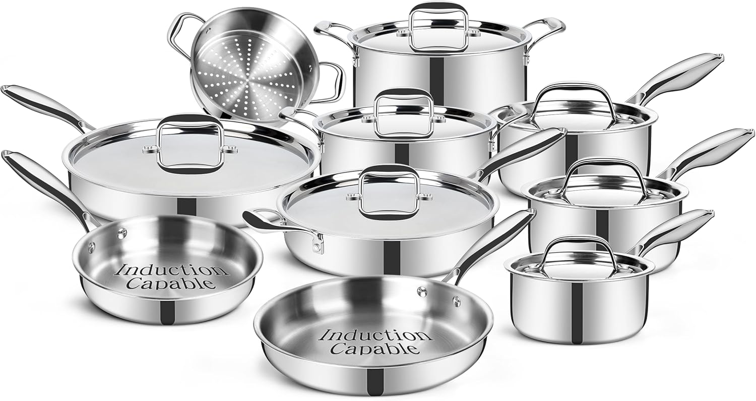 EWFEN Stainless Steel Cookware Set, 3 Ply 17 Piece Stainless Steel Pot and Pan Set, Oven Dishwasher Safe | Induction Compatible Frying Pans, Saucepans, Saute Pan & Stock Pot, PFOA, PTFE & PFOS Free