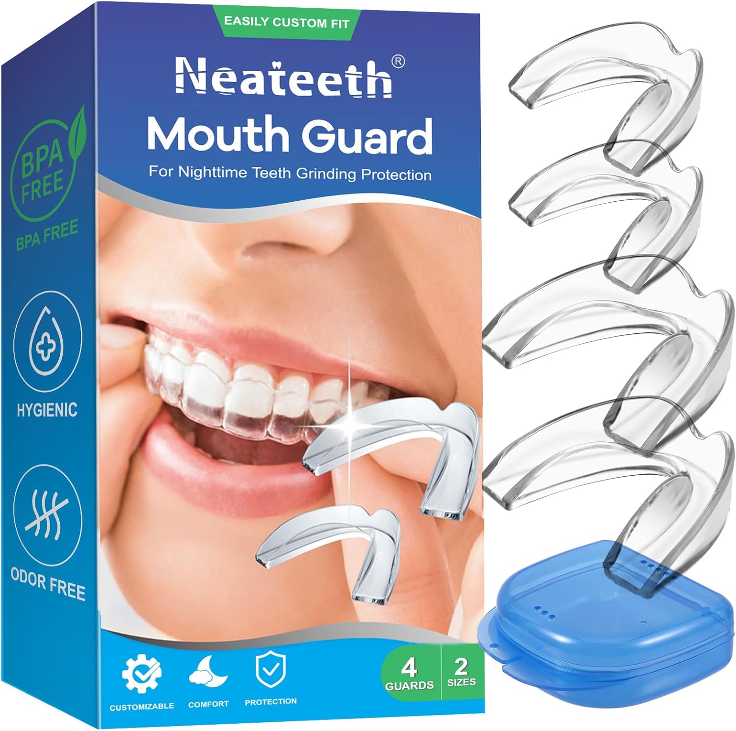Mouth Guard for Grinding Teeth at Night, Night Guards for Teeth Grinding, Mouth Guard for Sleeping, Pack of 4 Mouth Guards for Clenching Teeth at Night – Includes 2 Sizes & 1 Travel Case