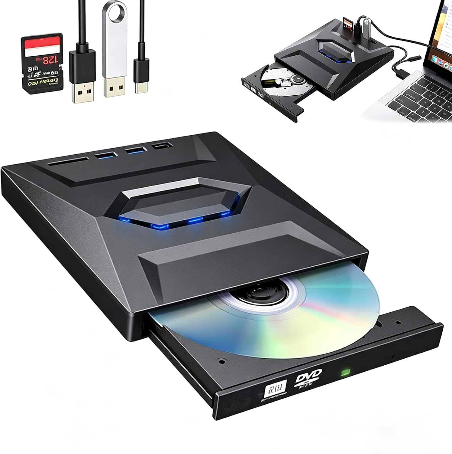 7-in-1 External USB DVD Drive & Blu-ray Player, 6X 7-in-1 External Blu Ray Drive with 3 USB Ports SD/Tf Card Slots, USB 3.0 & Type-C Portable BD/DVD/CD Burner Reader Writer for Laptop Desktop (#1)