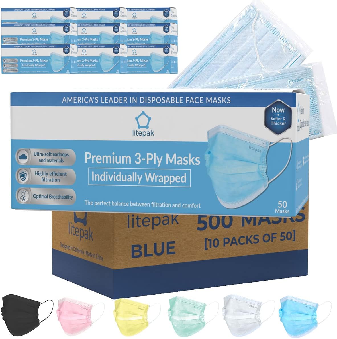 Litepak 500pcs Premium Disposable Face Mask SOFT 3ply Nose Wire