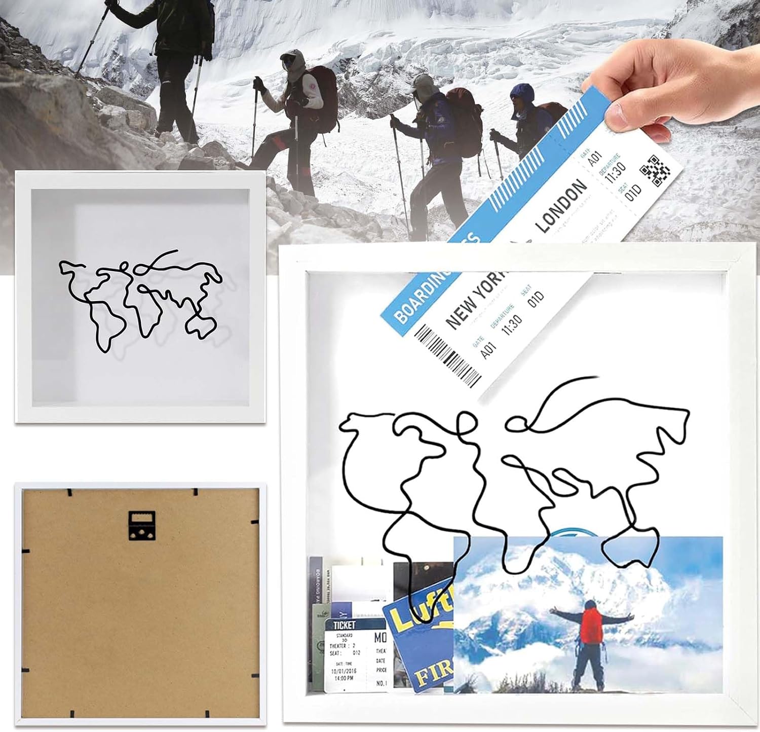 Large Size 30*30CM Adventure Archive Box with Slot, White Wooden Travel Memory Box with World Map Design, Life in A Box Frame, Adventure Archive Box Frame for Travel, Movie and Sporting Memory Tickets