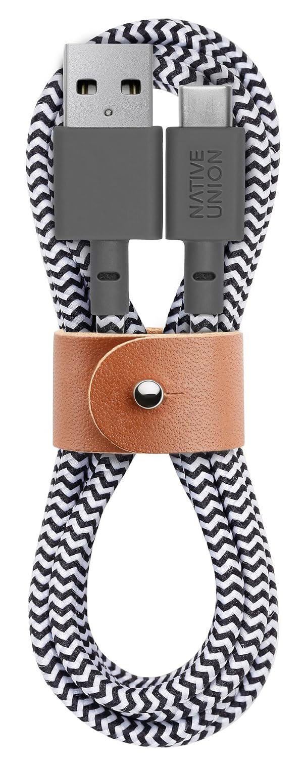 Native Union Belt Cable USB-C to USB-A - 4ft Ultra-Strong Charging Cable with Leather Strap Compatible with iPhone 16, Samsung Galaxy Z Fold 6, Flip 6, S24 Ultra, Pixel 9 Pro, iPad Pro (Zebra)