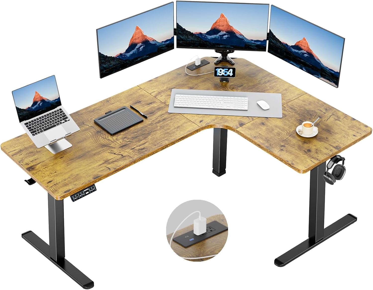 HUANUO 63″ L-Shaped Standing Desk, Built-in Power Outlets, Vintage Brown