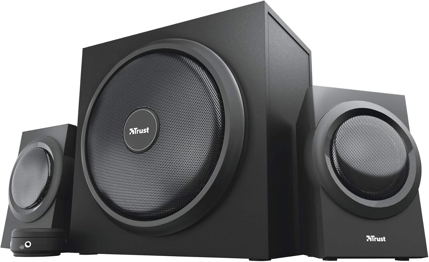 Trust Yuri 2.1 Speaker Set with Wooden Subwoofer, 120W (60W RMS), UK Plug, PC Speakers with Dynamic Bass, Wired Volume Control, Sound System for Computer, Laptop, Smartphone, Tablet - Black