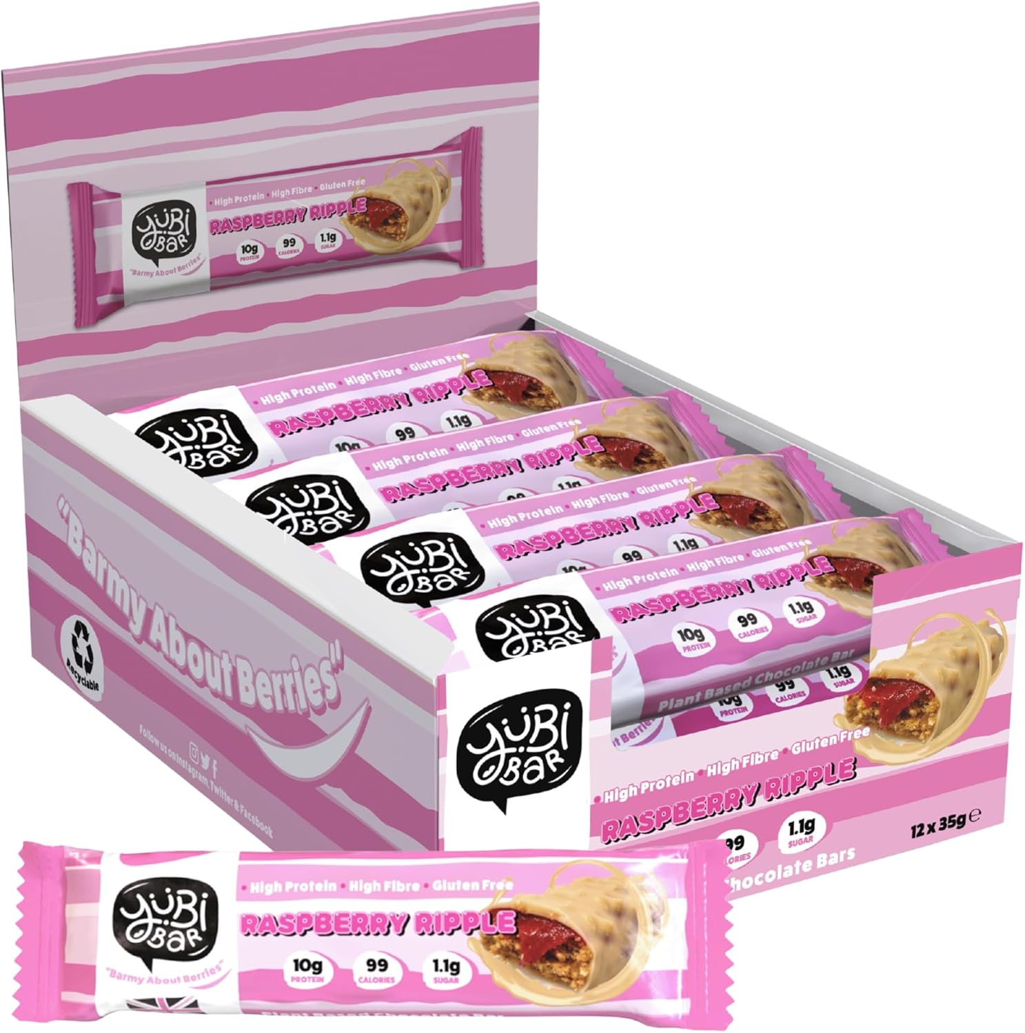 Yubi Raspberry Ripple - 12 Pack - Protein Bars - 99 Calories, High Protein, High Fibre, Low Sugar, Gluten Free and Dairy Free - Healthy Snacks/Nutrition Bar - Chocolate Bars - 420g