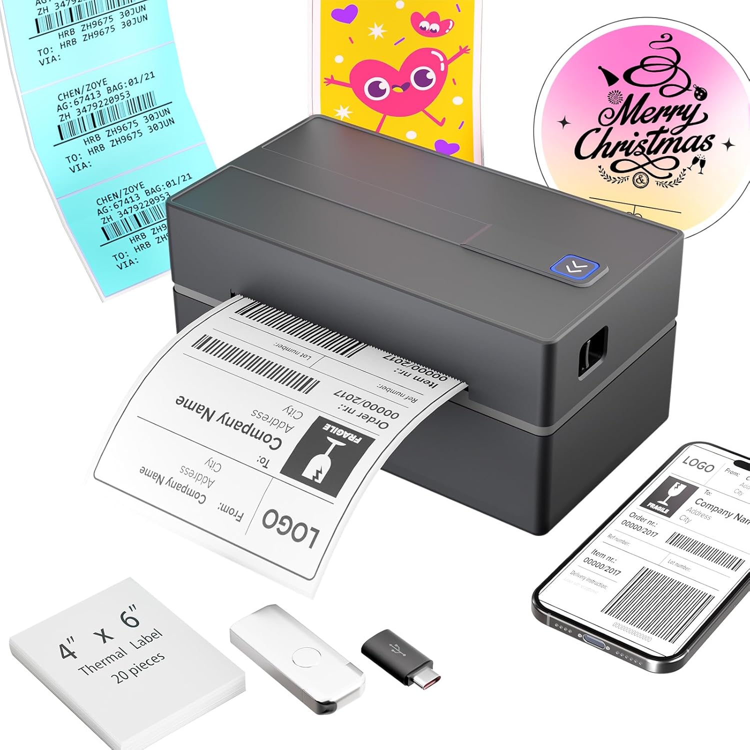 Bluetooth Thermal Shipping Label Printer: 4x6 Wireless Mini Clear Label Maker with Waterproof Tape for Small Business - Widely Used for USPS UPS Ebay Amazon Shopify Etsy