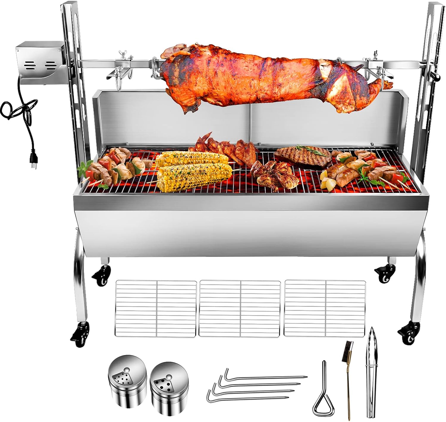 176LBS Stainless Steel Rotisserie Grill with Back Cover Guard, 25W Motor Small Pig Lamb Rotisserie Roaster, 46'' 2 in 1 BBQ Charcoal Rotisserie Grill for Camping Outdoor Kitchen
