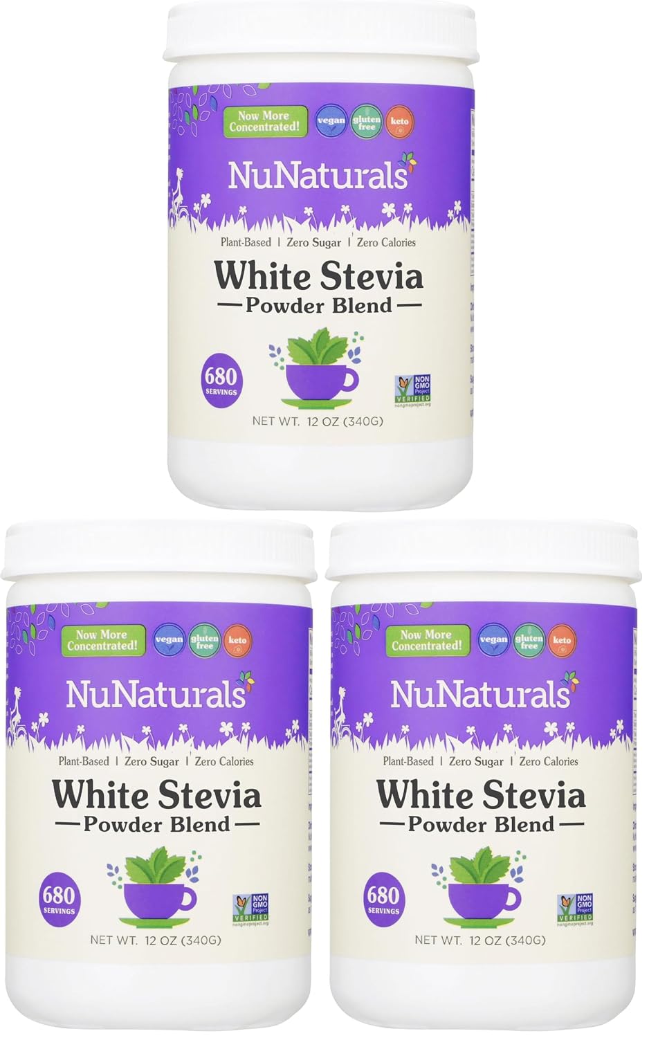 NuNaturals White Stevia Powder Blend, Plant-Based Sugar Substitute, Zero Calorie Sweetener, 12 oz (Pack of 3)