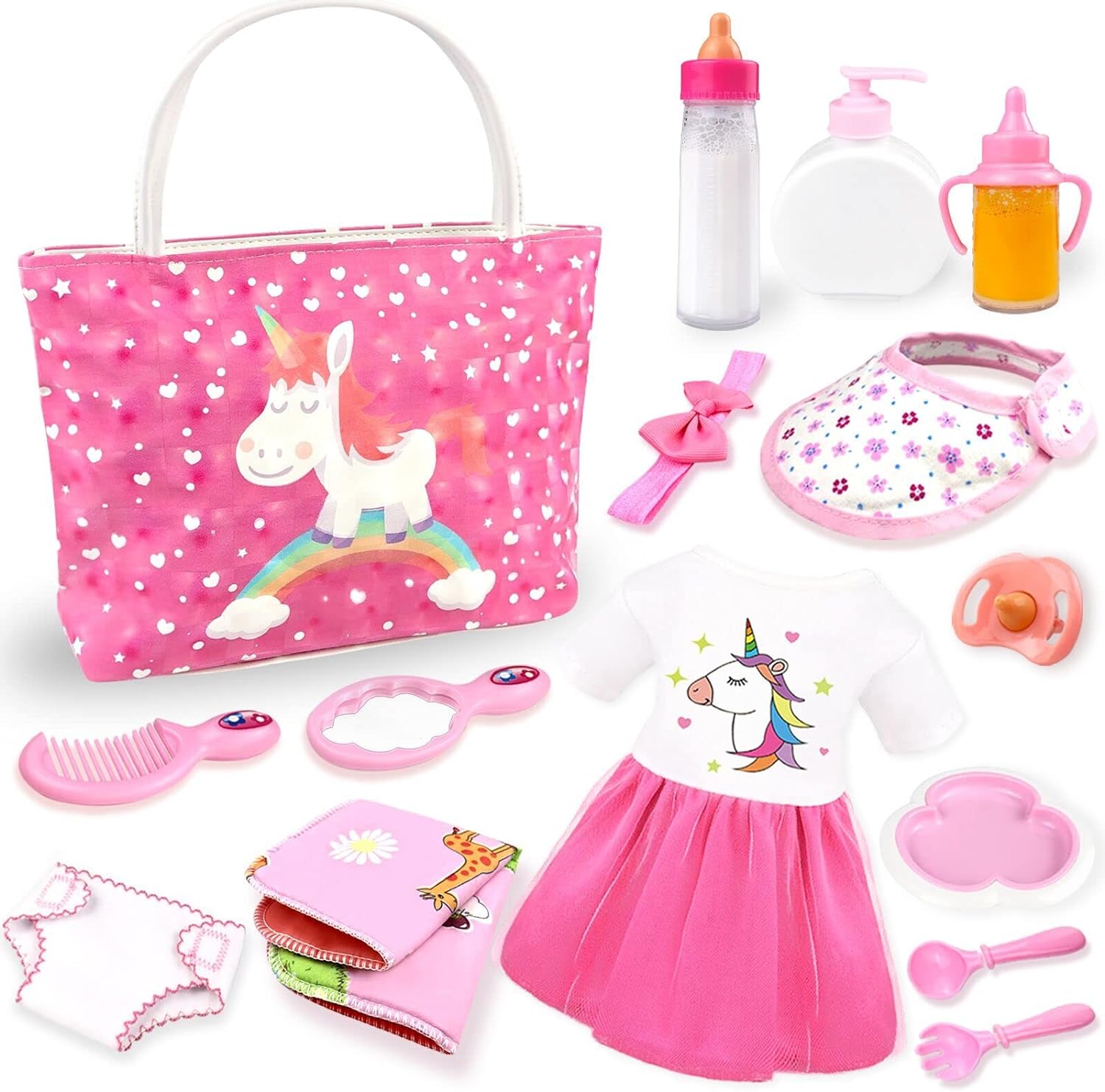 BNUZEIYI Baby Doll Accessories - Baby Doll Feeding and Caring Set with Diaper Bag, Bottles for Girls' Toys, Gift including Stuff Doll Clothes, Fits 14-16 Inch and 18 Inch Dolls