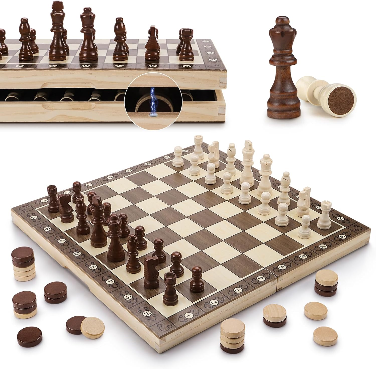 GGIE Chess Set with Checkers 2 in 1 | 15" Magnetic Wooden Chess Board for Adults Kids | Folding Travel Chess Set with Storage Bag | 2 Extral Queens | Gift Toys for Boys Girls