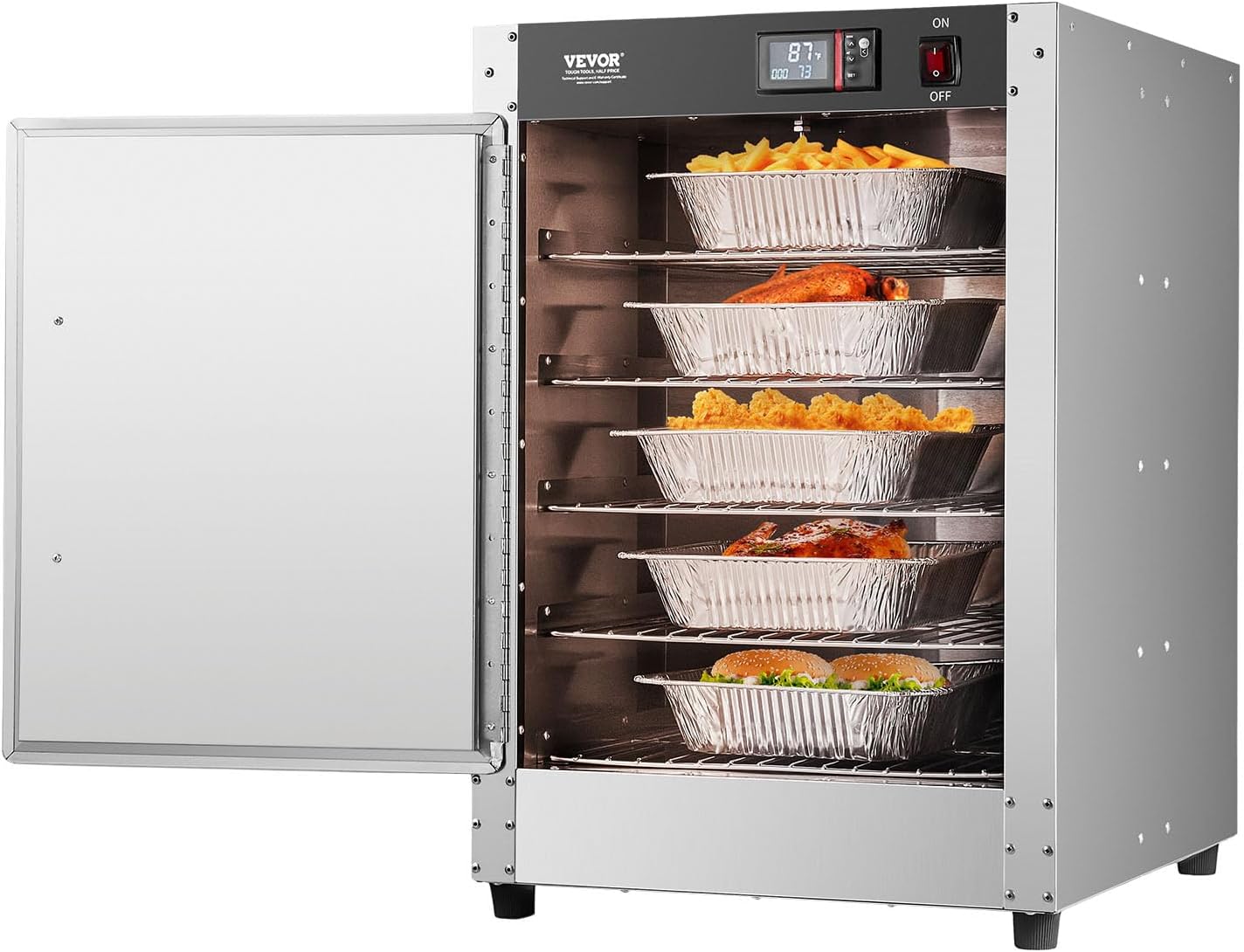 VEVOR Hot Box Food Warmer, 5-Tier Concession Warmer with Water Tray, 5 Pans, Single-Door and Adjustable Shelves, Stainless Steel Food Warmer Cabinet, Ideal for Storing Pizza, Chicken, Restaurant