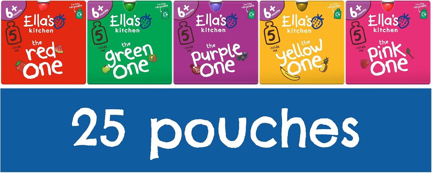 Ella's Kitchen Organic Fruit Smoothie Assortment, (Red, Purple, Green, Yellow and Pink), Pack of 25 Pouches