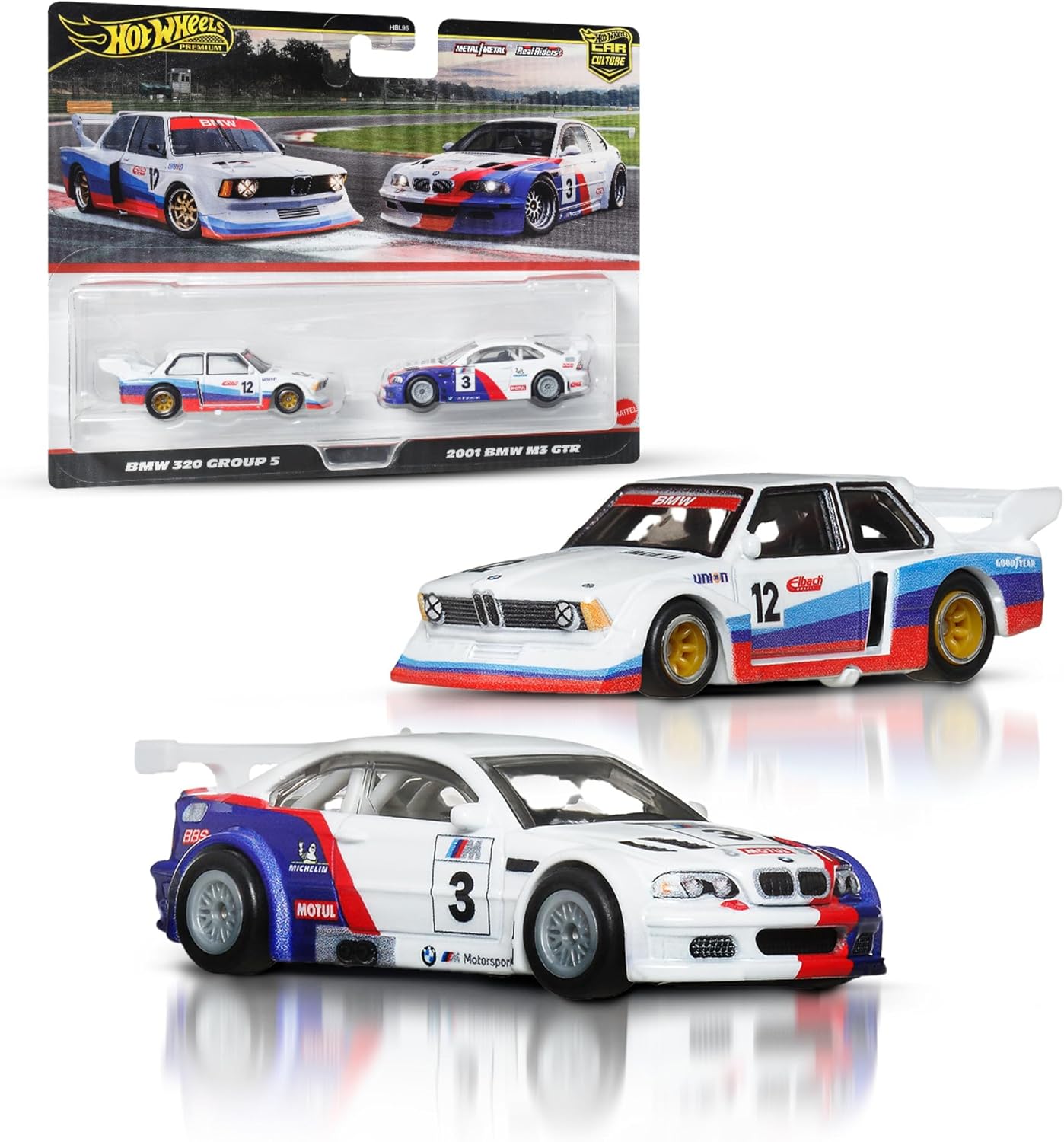 Hot Wheels Premium BMW E46 GTR, Car Culture 2-Pack of 1:64 Scale Vehicles, Unique Pairings, Real Riders Tires, Metal/Metal Chassis, Toy for Collectors, JBK99