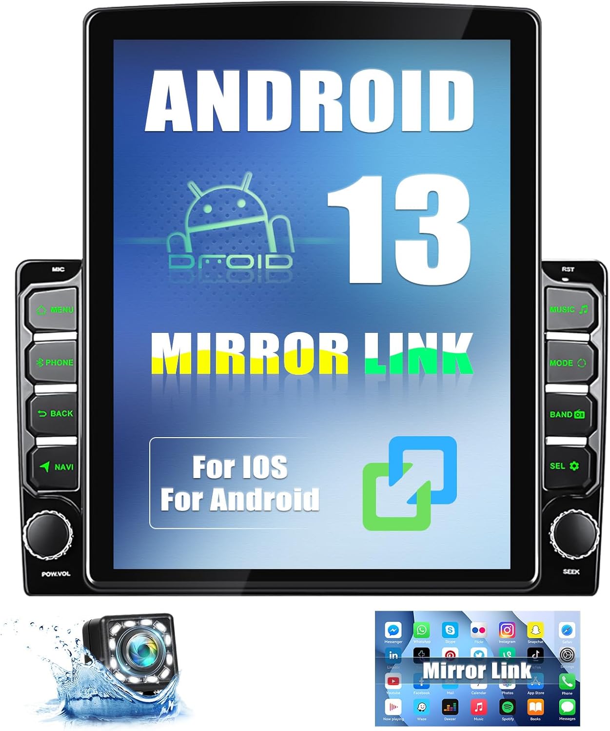 Android 13 Double Din Car Stereo with WiFi GPS Navigation,9.7" Vertical 2.5D Touchscreen Car Radio with iOS/Android Mirror Link,Bluetooth,FM Radio,Dual USB Input,SWC+ Backup Camera