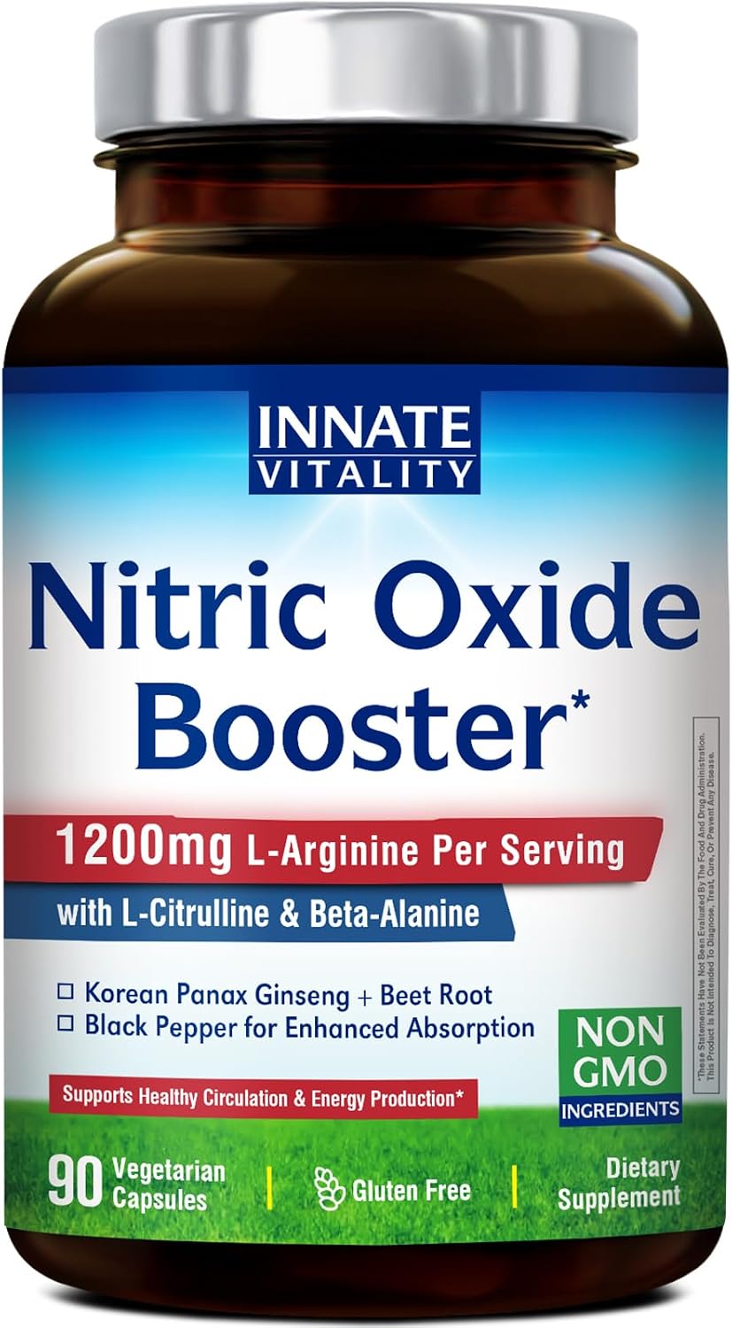 Innate Vitality Nitric Oxide Booster Supplement, L-Arginine, L-Citrulline, Beet Root, Beta-Alanine, Ginseng Root, Healthy Circulation, Energy & Endurance, 90 Vegan Capsules
