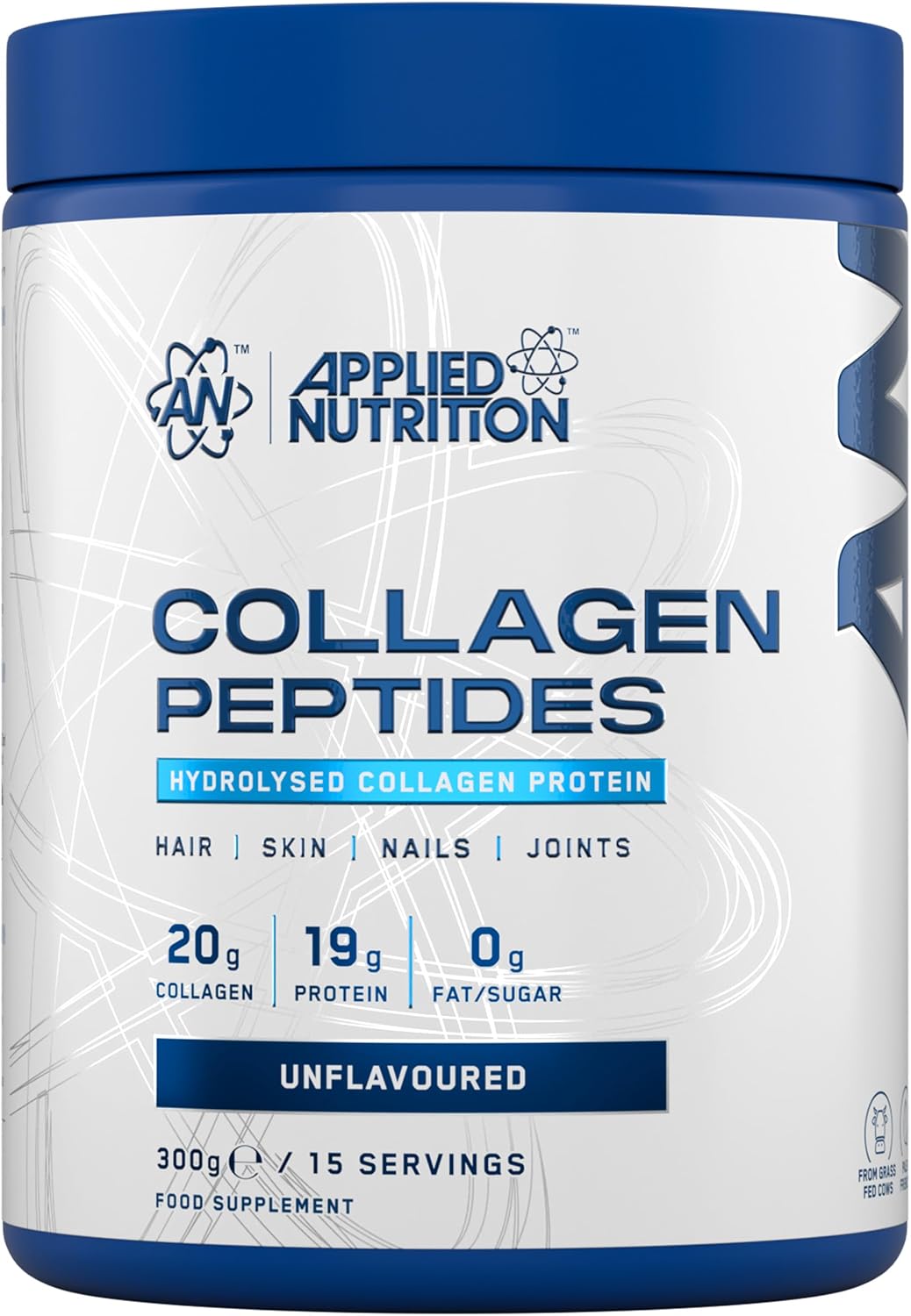 Applied Nutrition Collagen Peptides Powder - Hydrolysed Bovine Collagen Protein, Halal, Healthy Skin, Hair, Nails (Unflavoured) (300g - 15 Servings)
