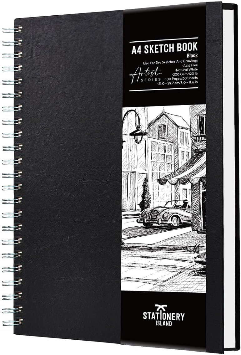 STATIONERY ISLAND A4 Sketchbook, Hardcover Sketch Book with 200GSM Thick Paper, Spiral Bound Sketch Pad A4, Drawing Pad for Sketching, Portrait, 50 Sheets / 100 Pages