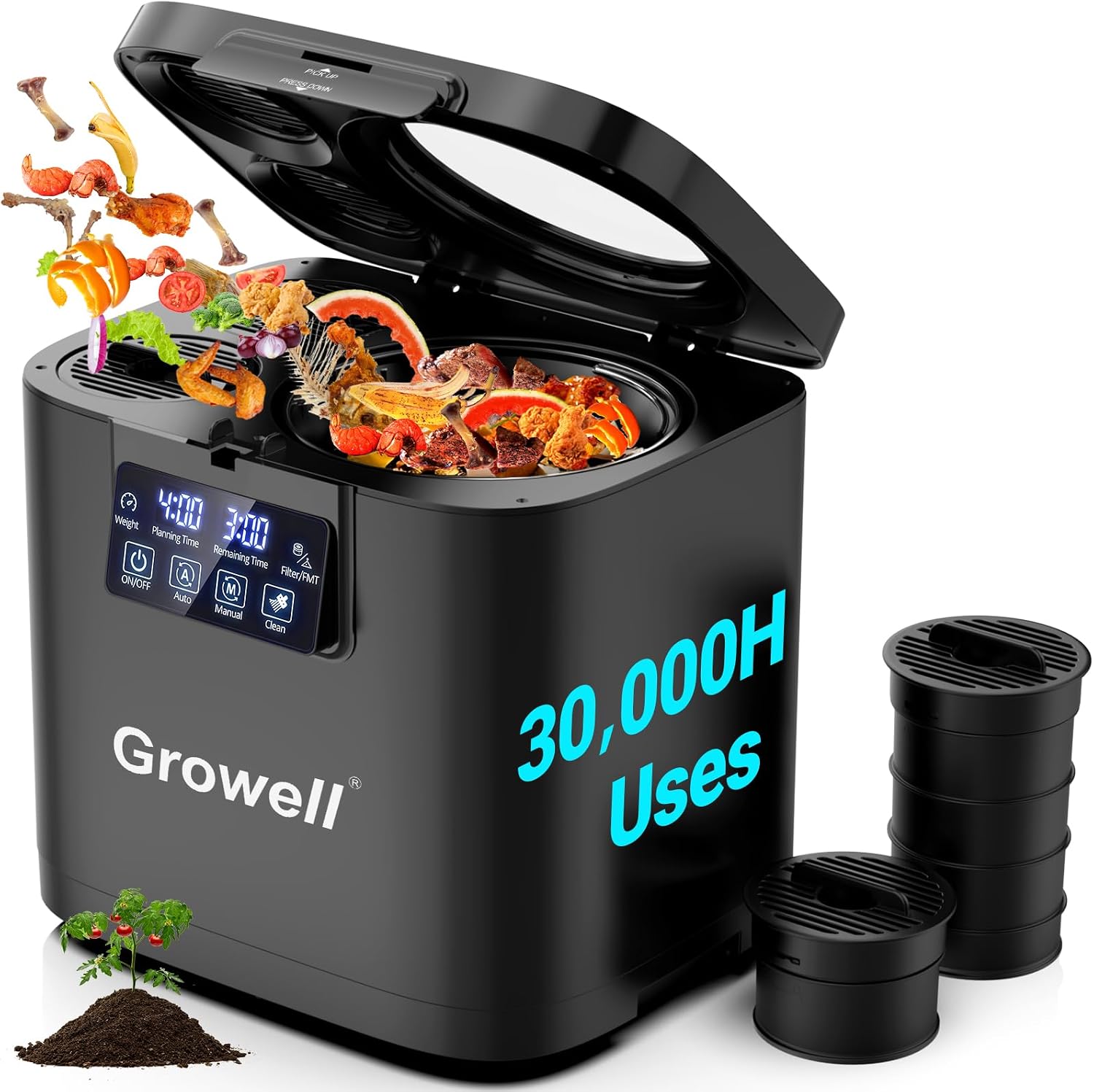 Growell 4L Electric Composter for Kitchen, 30,000H Brushless Motor, Black