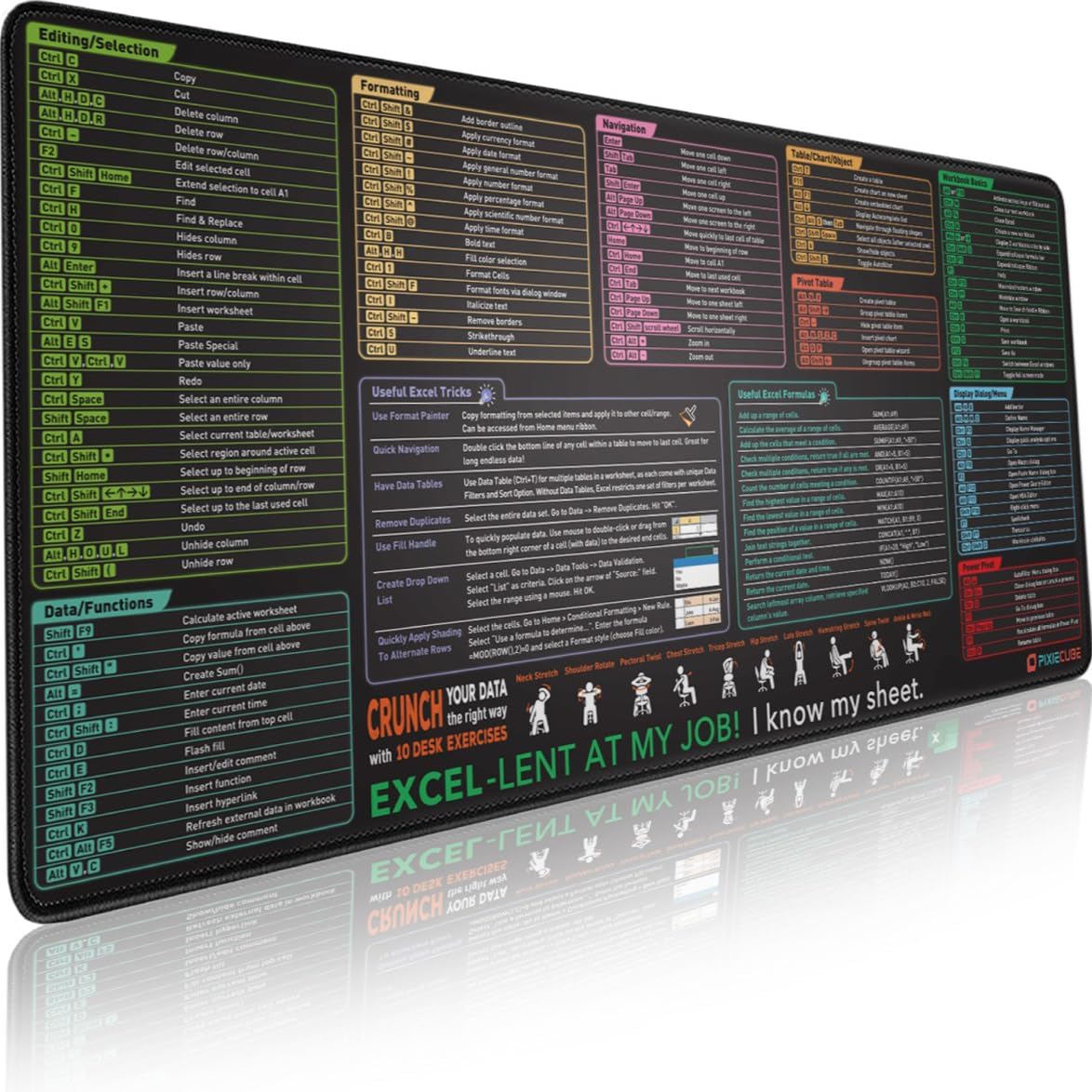 Pixiecube Excel Shortcut Keys Mouse Pad - Extended Large XXL Cheat Sheet Gaming Mousepad | PC Office Spreadsheet Keyboard Mat | Non-Slip Stitched Edge