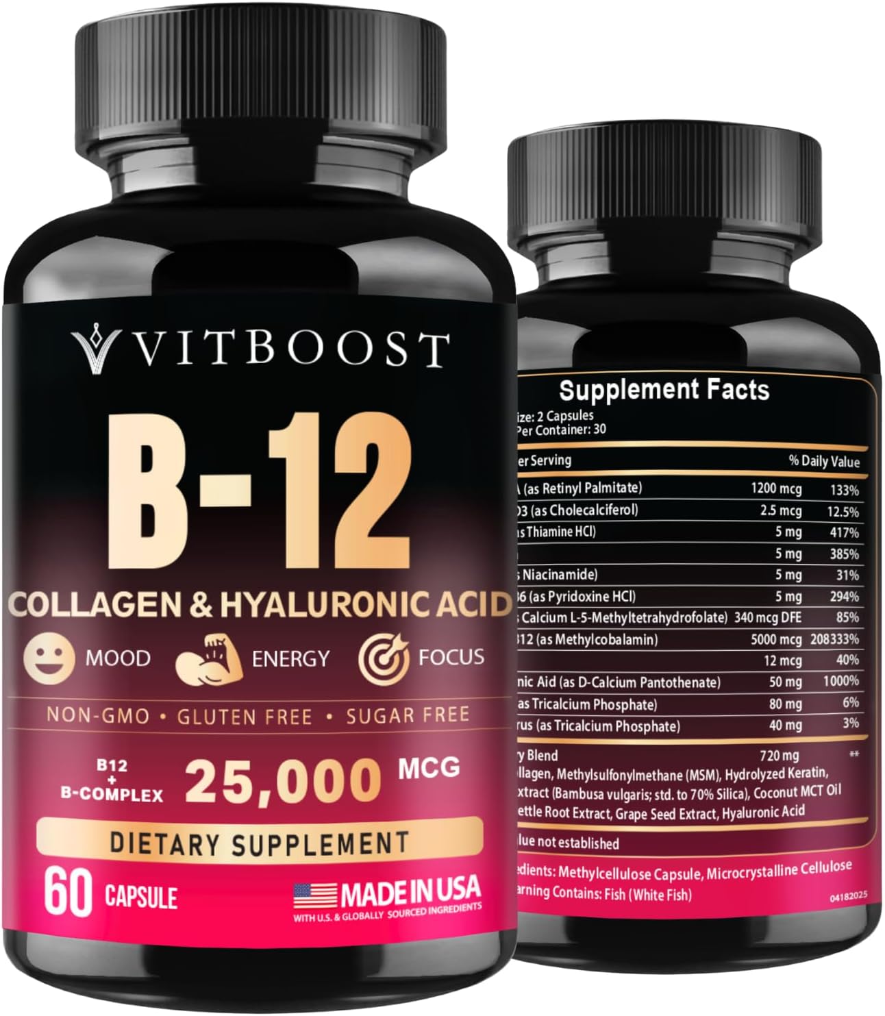 Vitamin B12 with Hyaluronic Acid and Collagen - 25000 mcg B12 Complex, 60Ct