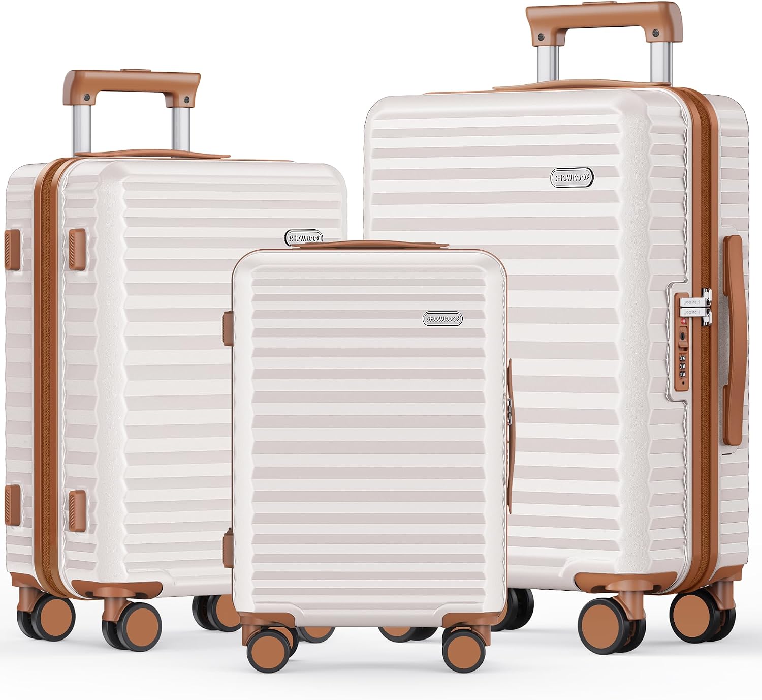 SHOWKOO Suitcase Sets 3 Piece Expandable Hardshell PC Luggage, Beige White