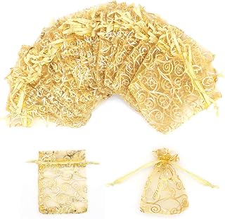 Staruby Organza Gift Bags 100Pcs Gold Sheer Organza Bag Mesh Favor Bags Drawstring Jewelry Rattan Printed Gift Pouches for Wedding Party Favors Baby Shower Christmas Gifts Candy Bags (3x4 Inches)