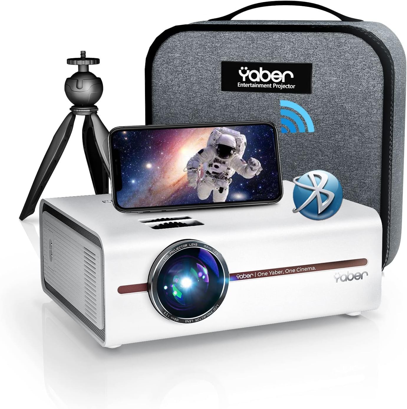 Mini Projector with WiFi and Bluetooth 5.1, 9500L Portable Movie Projector 1080P and 4K Supported, YABER V5 2023 Updated Mini Home Theater Projector with Tripod and Bag for Phone/PC/TV Stick-White