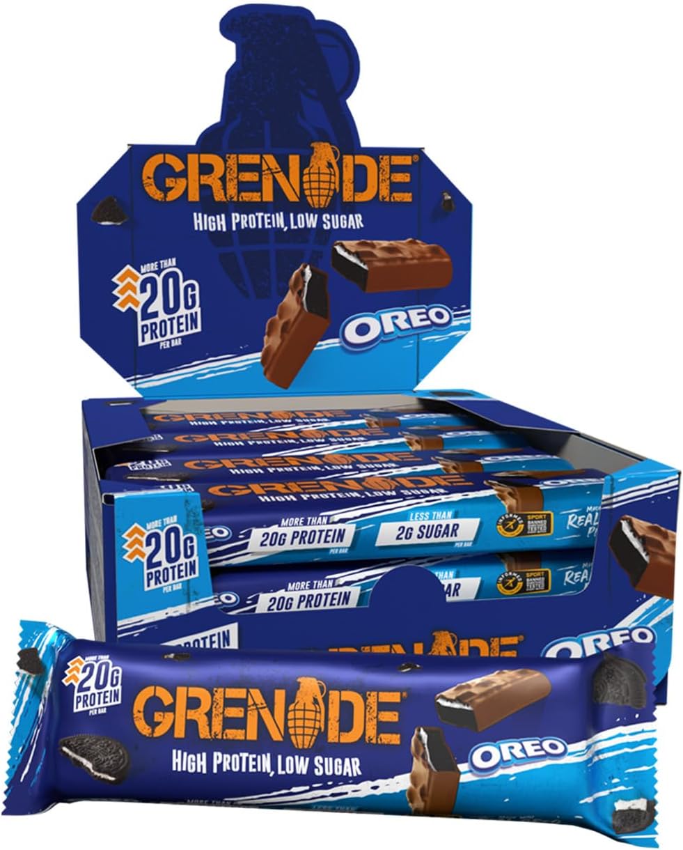 Grenade OREO Protein Bars, 12 x 60 g | High Protein, Low Sugar Bars, Over 21 g Protein & 1 g Sugar, Soft Nougat with zero sugar OREO Pieces