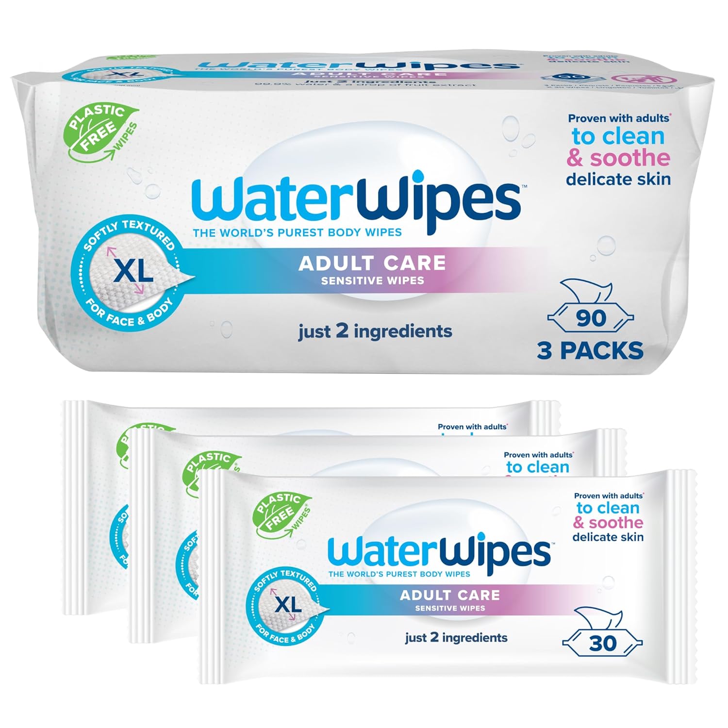WaterWipes Adult Care Sensitive Body & Intimate Hygiene Wipes, XL Textured, 99.9% Water-Based Wipes, For Everyday Personal Uses, 90 Wipes (3 Packs), Packaging May Vary