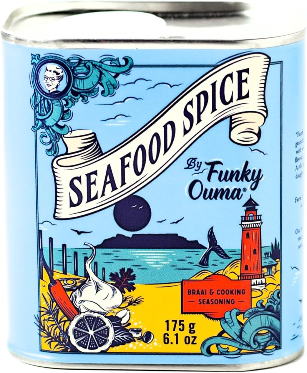Funky Ouma Seafood Spice 175g in Recyclable Tin– South African All Purpose Seasoning for Men, Women, Dads & Foodies – Natural Flavored Braai Salt, Spice and Herbs – Kitchen Home Essentials Gift