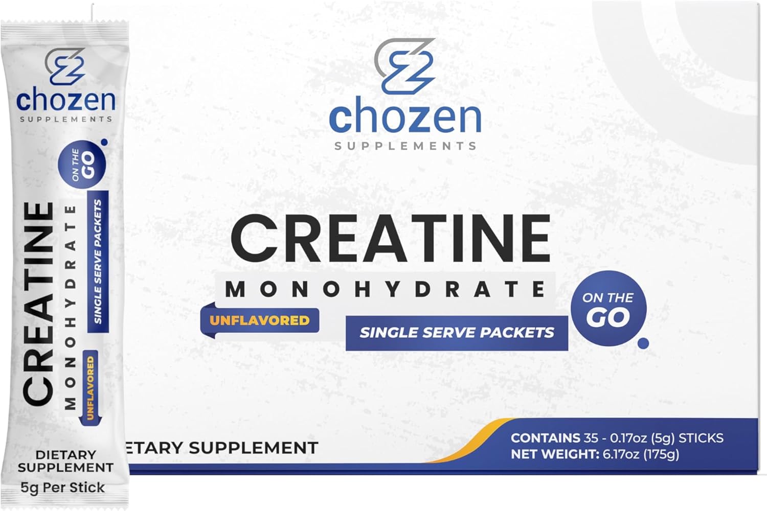 ChoZen Supplements Creatine Monohydrate Powder - 5g (5000mg) | Single Serve Packets | 35 Stick Packs | Keto Friendly | Vegan