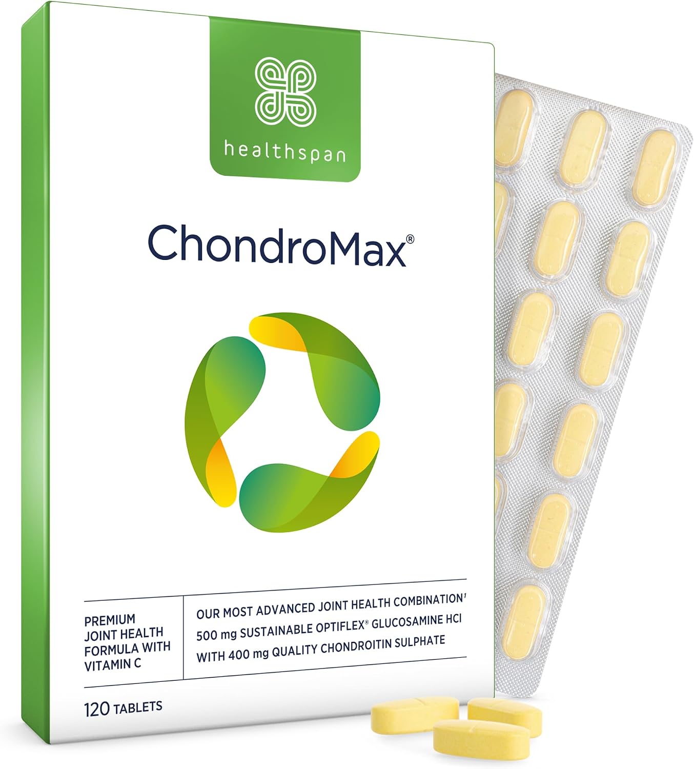 Healthspan High Strength Glucosamine & Chondroitin Joint Support | 500mg Optiflex Glucosamine HCI & 400mg Chondroitin Sulphate | Vitamin C for Joint Cartilage | Shellfish Free (120 Tablets)