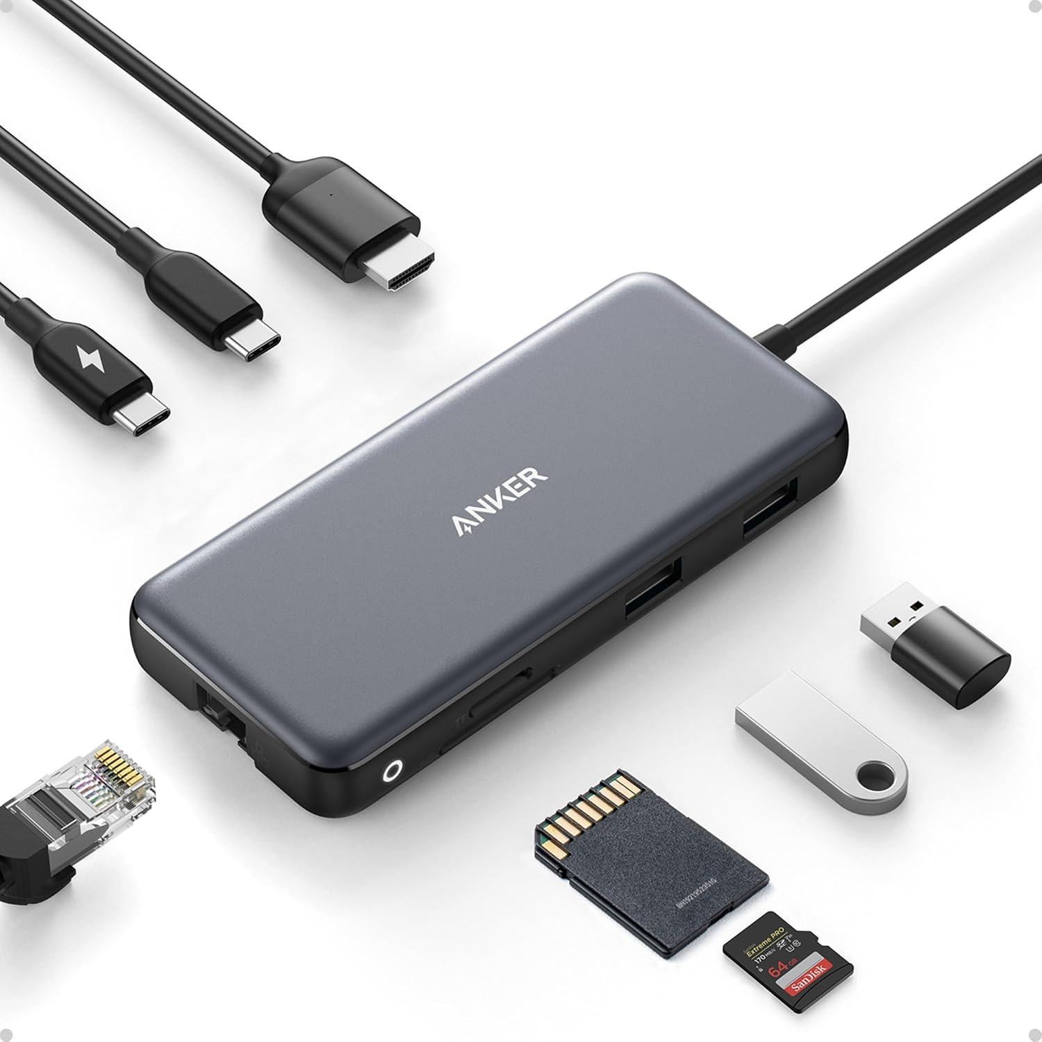 Anker USB-C Hub, 8-in-1 Multiport Ethernet Adapter with 4K@60Hz HDMI Port | 85W Max PD, 10Gbps USB-C & 2 USB-A Data Ports, microSD/SD Card Reader, for USB C Laptops, MacBook Pro, XPS, iPad and More
