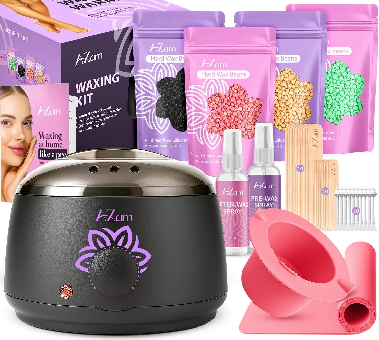 AZAM All-in-one At Home Waxing Kit for Hair removal,Wax pot Waxing Professiona+4 Pack Hard Wax Beads+Silicone Bowl 2 Treatment Oils Wax Kit Accessories Wax Warmer for Full Body Waxing