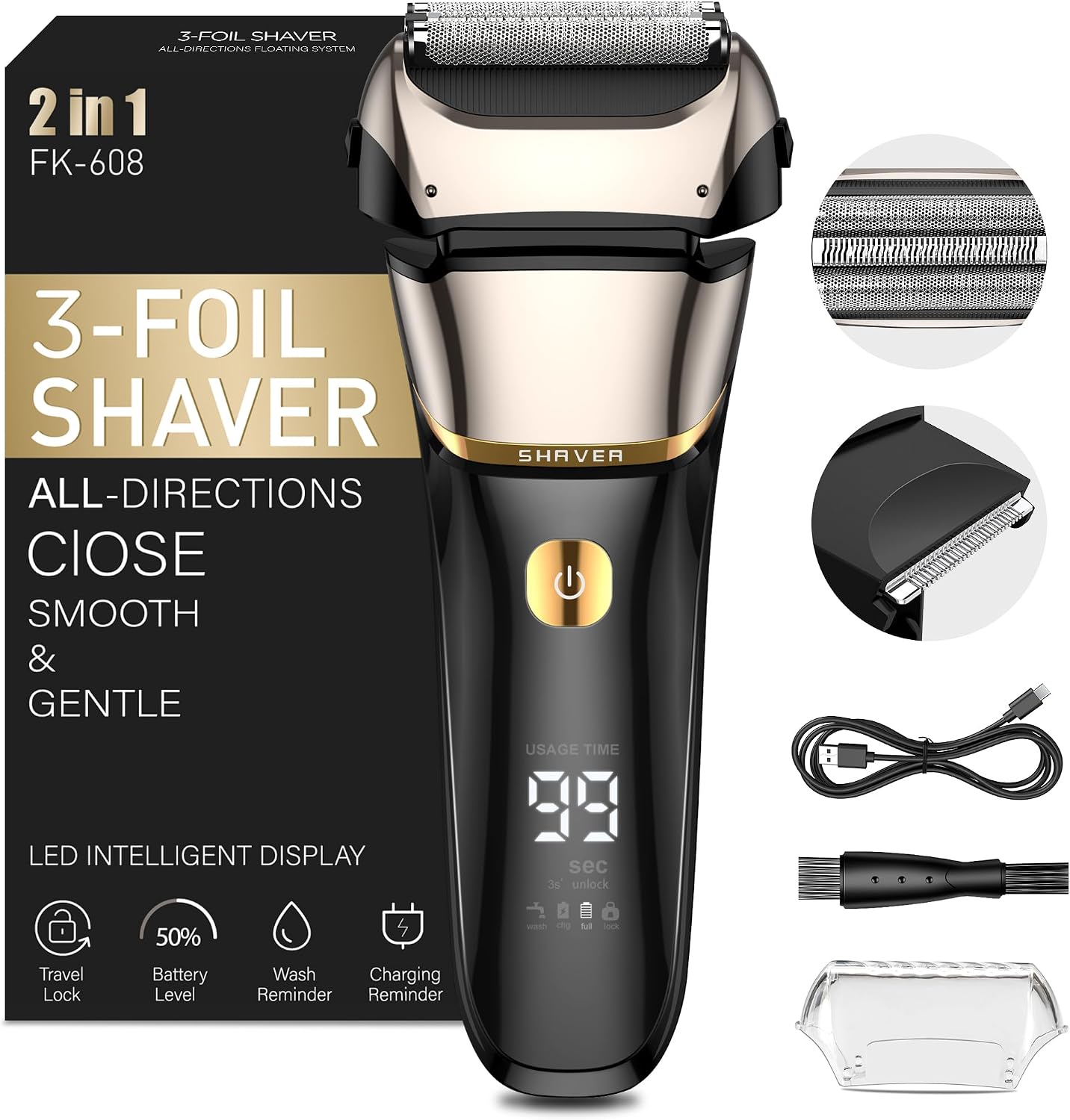 Shavers for Men,2 in1 Foil Shaver with 3 Floating Blades, Electric Razor for Men IPX7 Wet & Dry,Cordless Precision Beard Trimmer,100-Min,USB C,Electric Shaver for Close Shaving,LED Display with Timer